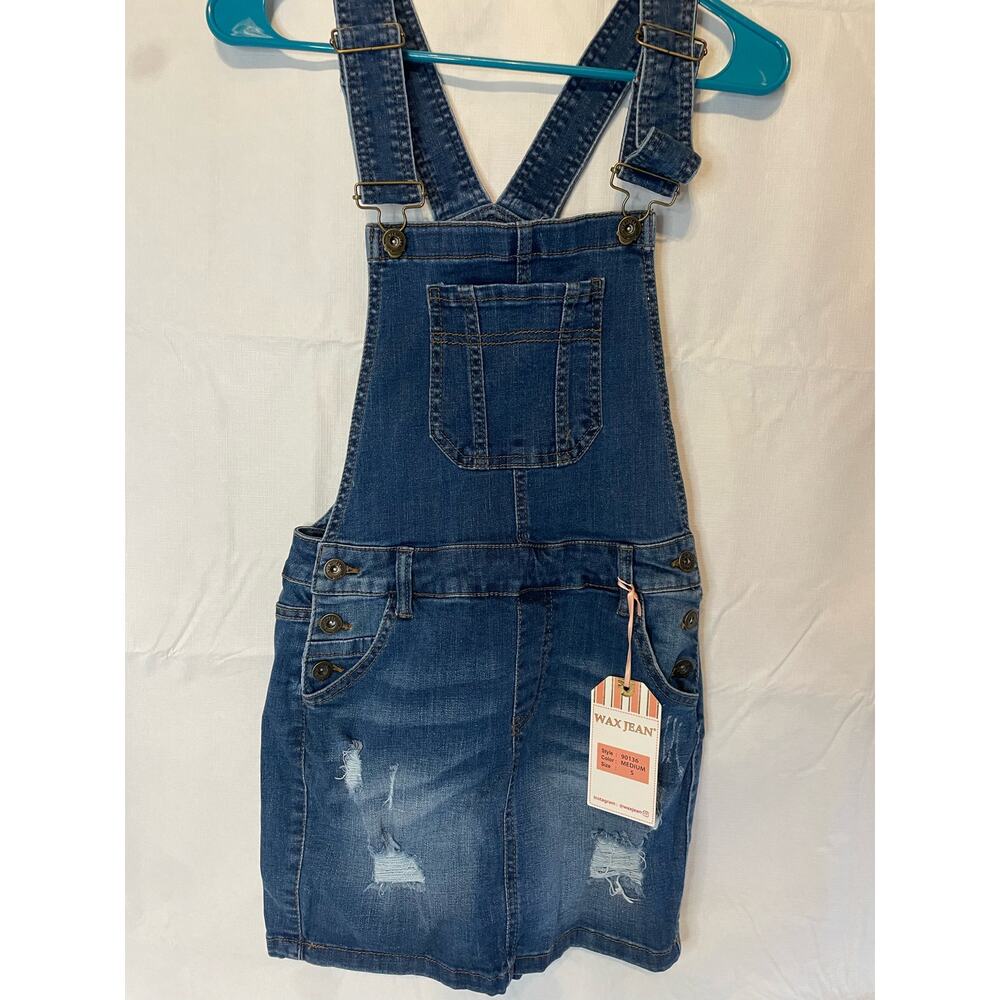 NWT Wax Jeans Overall Mini Dress Small Blue Distressed